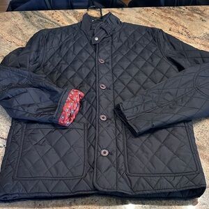 Tasso Elba Black Quilted Jacket with Patterned Red Lining